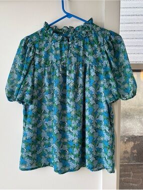 EUC - J Crew Ruffled Neck Puff Sleeve Blouse (Blue and Green)